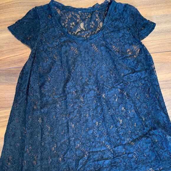 Top, EUC, baby doll, black lace, sz M, cap sleeve, unlined, cotton and nylon - Picture 1 of 16